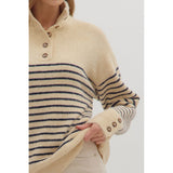 Entro - Striped L/S Sweater w/ Button Detail - Ecru