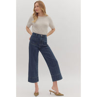 Entro - Wide Leg Ankle-Length Pants Featuring Wide Cuff Hem - Dark Denim