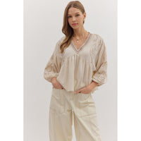 Entro - Embroidered 3/4 Sleeve V-Neck - Ecru