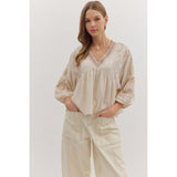 Entro - Embroidered 3/4 Sleeve V-Neck - Ecru