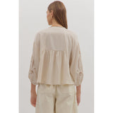 Entro - Embroidered 3/4 Sleeve V-Neck - Ecru