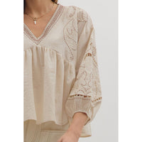 Entro - Embroidered 3/4 Sleeve V-Neck - Ecru
