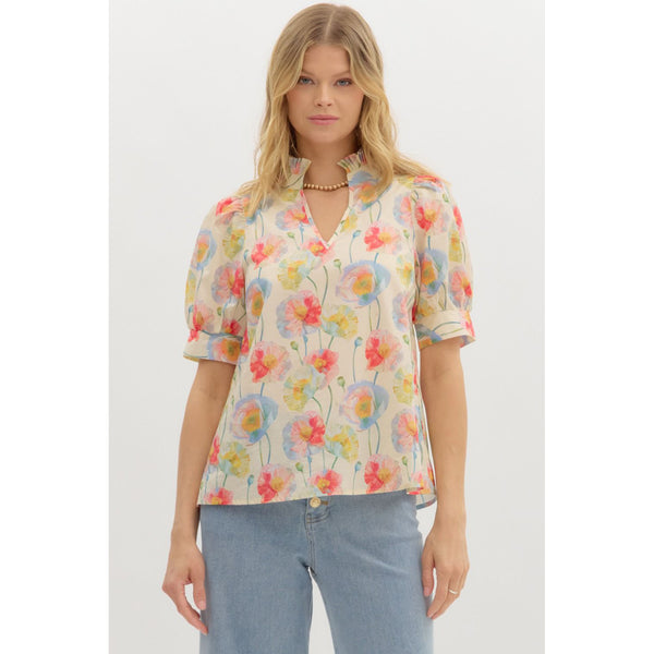 Entro - Floral Print Cuff Band Puff Sleeve Top - Cream