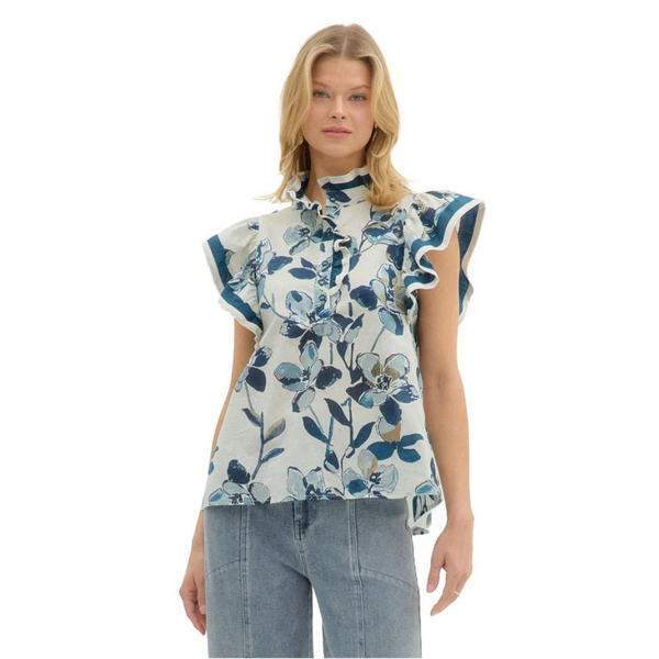 Entro - Flutter Sleeve Floral Top - Navy