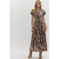 Entro - Floral Print Puff Sleeve Midi Dress - Chocolate