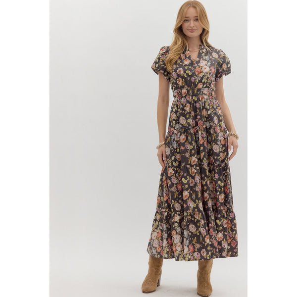 Entro - Floral Print Puff Sleeve Midi Dress - Chocolate