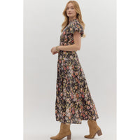 Entro - Floral Print Puff Sleeve Midi Dress - Chocolate
