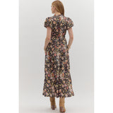 Entro - Floral Print Puff Sleeve Midi Dress - Chocolate