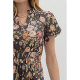 Entro - Floral Print Puff Sleeve Midi Dress - Chocolate