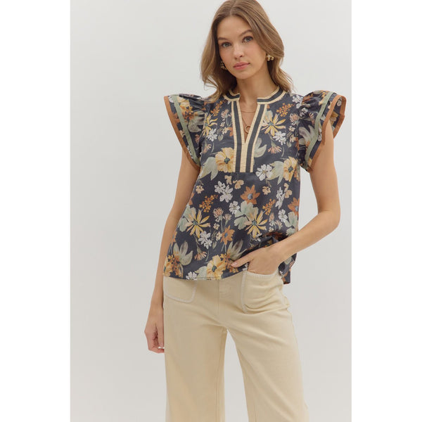 Entro - Floral Flutter Sleeve Top - Charcoal