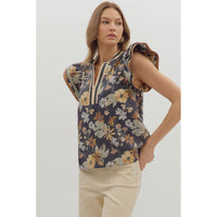 Entro - Floral Flutter Sleeve Top - Charcoal