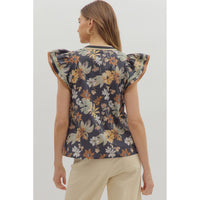 Entro - Floral Flutter Sleeve Top - Charcoal
