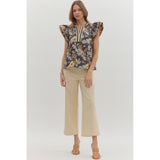Entro - Floral Flutter Sleeve Top - Charcoal