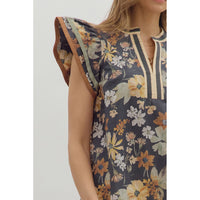 Entro - Floral Flutter Sleeve Top - Charcoal