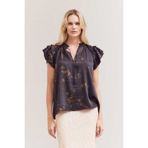 Grade and Gather -Printed Ruffle Top - Black