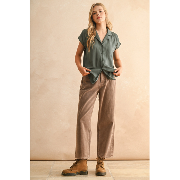 Miou Muse - Button Down Cap Shirt - Deep Green