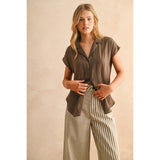 Miou Muse - Button Down Cap Shirt - Coffee