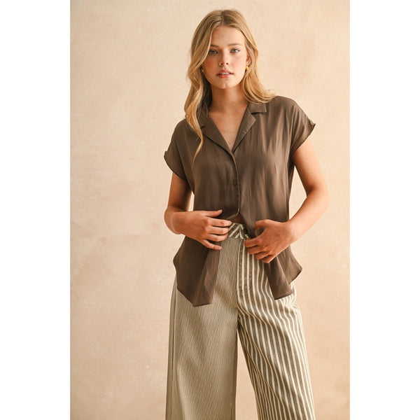 Miou Muse - Button Down Cap Shirt - Coffee