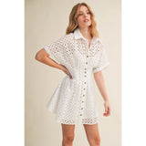 Miou Muse - Eyelet Fabric Button Front Shirt Dress - White