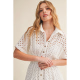 Miou Muse - Eyelet Fabric Button Front Shirt Dress - White