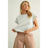 Miou Muse - Round Neck Cuffed Sleeve Top - Heather Grey