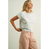 Miou Muse - Round Neck Cuffed Sleeve Top - Heather Grey