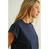 Miou Muse - Round Neck Cuffed Sleeve Top - Indigo Blue