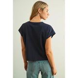 Miou Muse - Round Neck Cuffed Sleeve Top - Indigo Blue