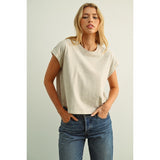 Miou Muse - Round Neck Cuffed Sleeve Top - Melange Tan