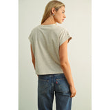 Miou Muse - Round Neck Cuffed Sleeve Top - Melange Tan