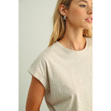 Miou Muse - Round Neck Cuffed Sleeve Top - Melange Tan