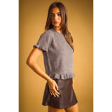 Miou Muse - Ruffle Hem Short Sleeve Sweater Top - Taupe