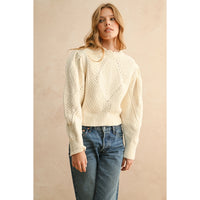 Miou Muse - Scallop Detailed Puff Shoulder Sweater Top - Beige