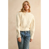 Miou Muse - Scallop Detailed Puff Shoulder Sweater Top - Beige