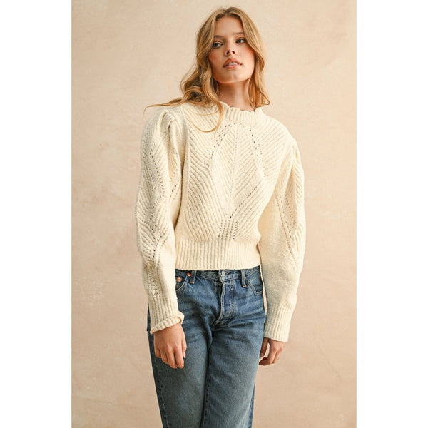 Miou Muse - Scallop Detailed Puff Shoulder Sweater Top - Beige