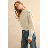 Miou Muse - Scallop Detailed Puff Shoulder Sweater Top - Beige