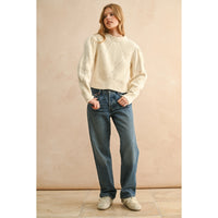 Miou Muse - Scallop Detailed Puff Shoulder Sweater Top - Beige