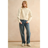 Miou Muse - Scallop Detailed Puff Shoulder Sweater Top - Beige