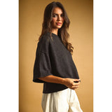Miou Muse - Short Sleeve Knit Crop Top - Charcoal
