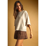 Miou Muse - Short Sleeve Knit Crop Top - Heather Oatmeal