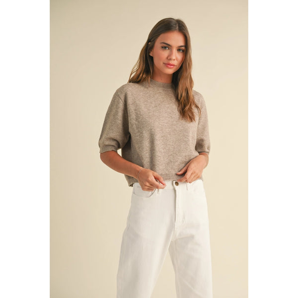 Miou Muse - Short Sleeve Sweater Top - Mocha