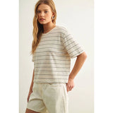 Miou Muse - Stripe Cotton Linen Top - Beige/Black