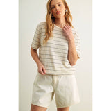 Miou Muse - Stripe Cotton Linen Top - Beige/Black