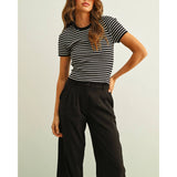 Miou Muse - Stripe Ribbed Knit Short Sleeve Top - Black/Ivory