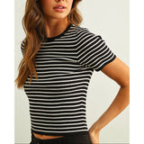 Miou Muse - Stripe Ribbed Knit Short Sleeve Top - Black/Ivory