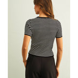 Miou Muse - Stripe Ribbed Knit Short Sleeve Top - Black/Ivory