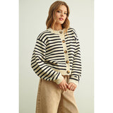 Miou Muse - Striped Pattern Button Front Knitted Cardigan - Black/White