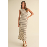 Miou Muse - Striped Pattern Knit Dress - Beige/Grey