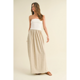 Miou Muse - Linen with Ribbed Knitted Top Combo Dress - White/Oatmeal