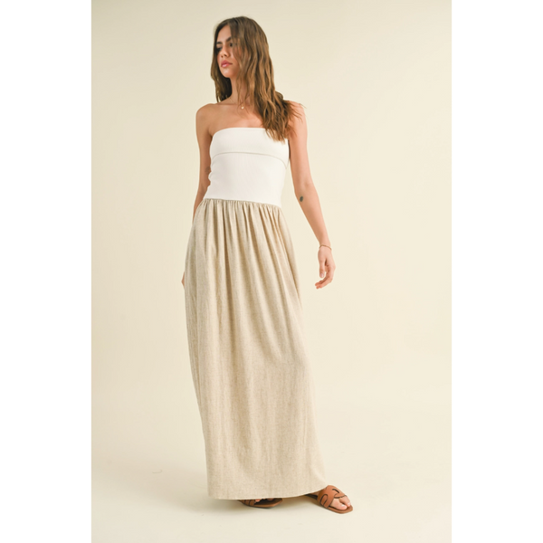 Miou Muse - Linen with Ribbed Knitted Top Combo Dress - White/Oatmeal